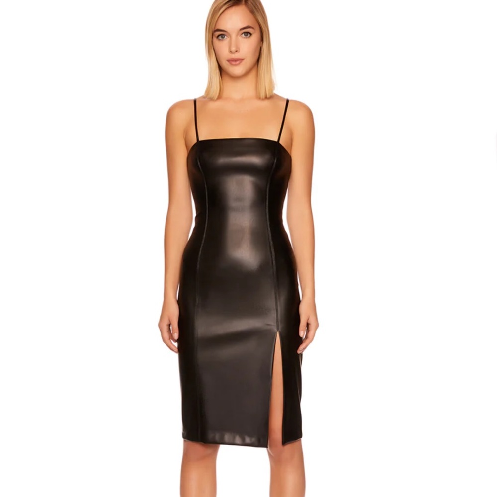 faux leather thin strap square neck dress